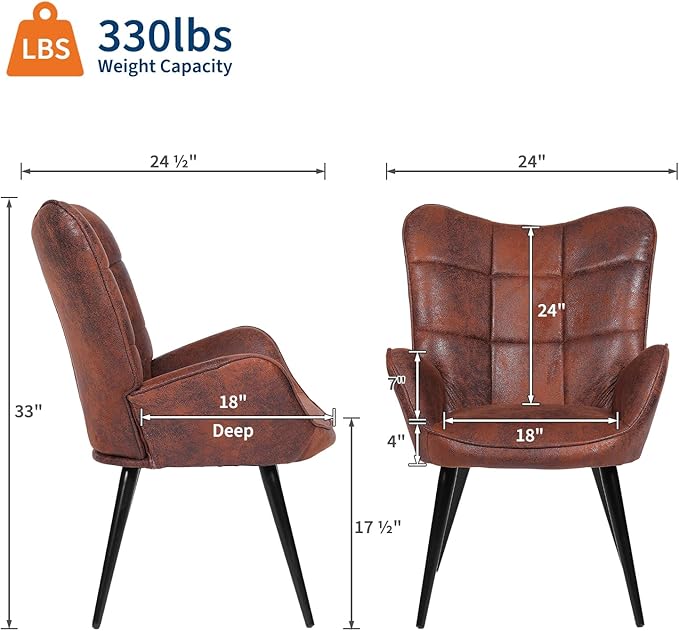 Modern Dining Room Chairs, Mid Century Faux Leather Kitchen Chairs with Back Support and Metal Legs, Accent Dinner Chair for Kitchen, Dining Room, Living Room, Restaurant, Brown