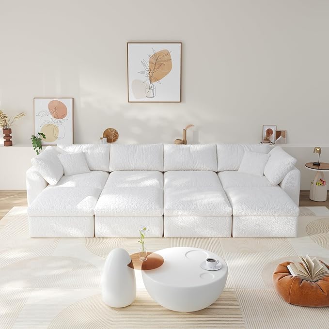 138" Boneless Cloud Couch Modular Sectional Sofa with Deep Seat for Living Room, L Shape Couch with Ottoman, Snowflake Cloth and 40D Memory Sponge，2 Throw Pillows (White, 4 Seater+4 Ottoman)