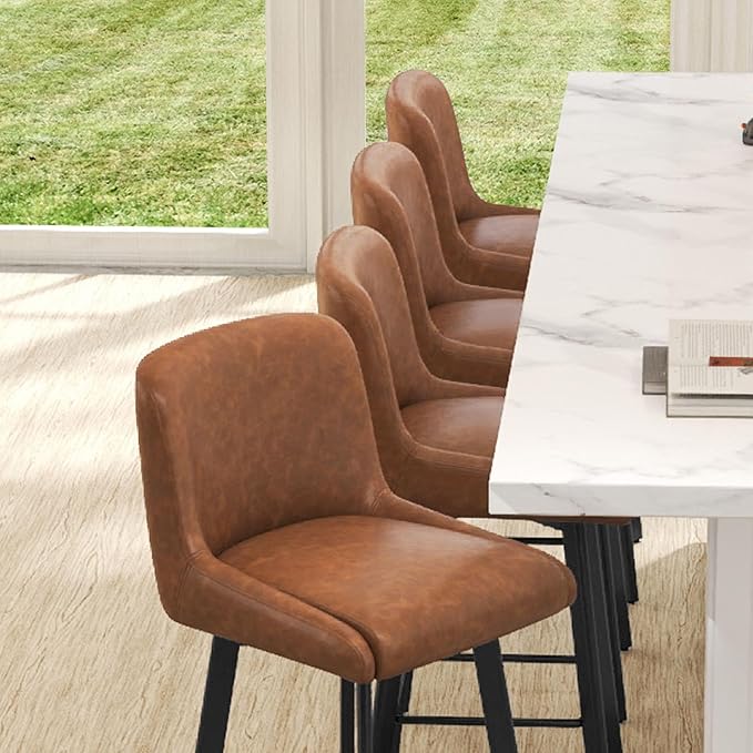 Swivel Bar Stools Set of 4, 26''H Upholstered Barstools with Backs, Modern Counter Height Bar Stool Chairs for Kitchen Island, Metal Legs, Faux Leather, Brown Counter Stools
