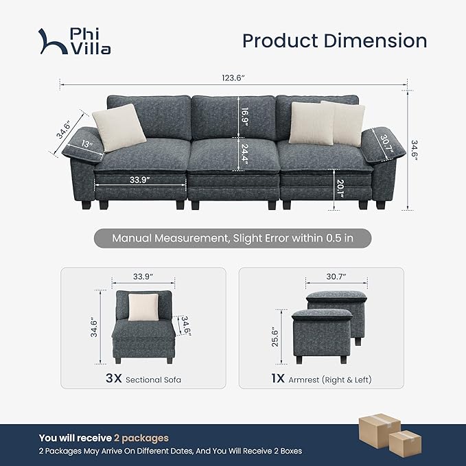 PHI VILLA Modern Modular Couches Sets, 123.6" Cloud Sectional Sofa with Upholstered Deep Seat, 3-Seater Couch for Living Room Small Spaces, Chenille Fabric, Dark Cyan