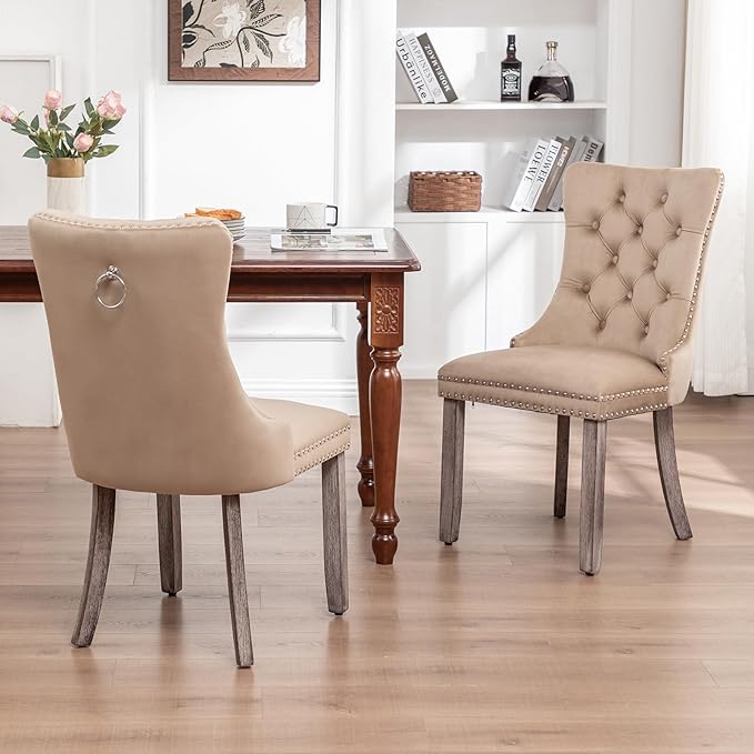 Velvet Dining Chairs Set of 6, Upholstered Dining Room Chairs with Nailhead Ring Pull Trim, Button Tufted Wing Back Chairs for Dining with Solid Wood Legs for Kitchen Dining Room(Khaki)