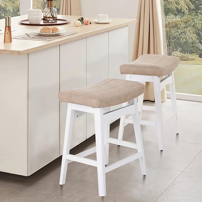 ALPHA HOME Bar Stools Set of 4, Solid Wood Saddle Kitchen Stools with Beige PU Leather Cushion Counter Height Barstools with Wooden Base for Kitchen Dining Cafe, 24 Inch, Beige, 4PCS