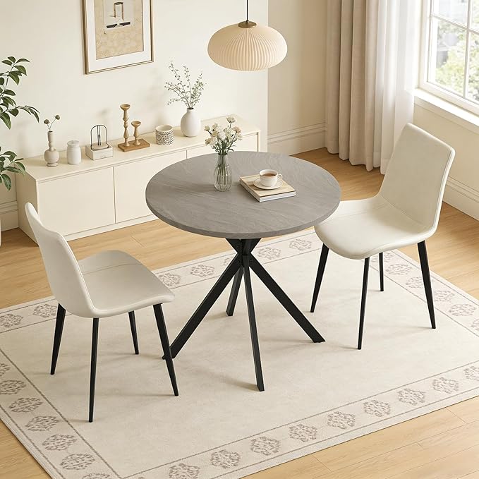 31.5" Round Dining Table and Chairs Set for 2, Small Dining Table Chairs Set Space-Saving, Small Dinette Sets for 2 for Kitchen Dining Room Apartment(Gray Table + Beige Chairs)