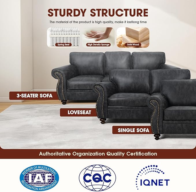 Living Room Furniture Sets,Mid-Century Vintage Sofa Couches with Rivet Design (Grey, Single+Loveseat)