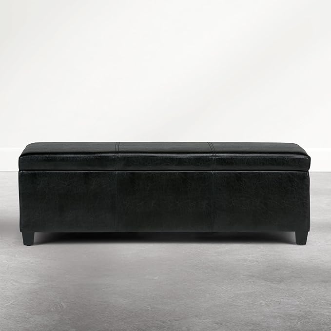 SIMPLIHOME Avalon Storage Ottoman Bench - 48 inch Wide Upholstered Vegan Leather Rectangle Storage Ottoman Bench in Carbon Black, Contemporary Ottoman for Living Room or Entryway with Lift-Up Lid