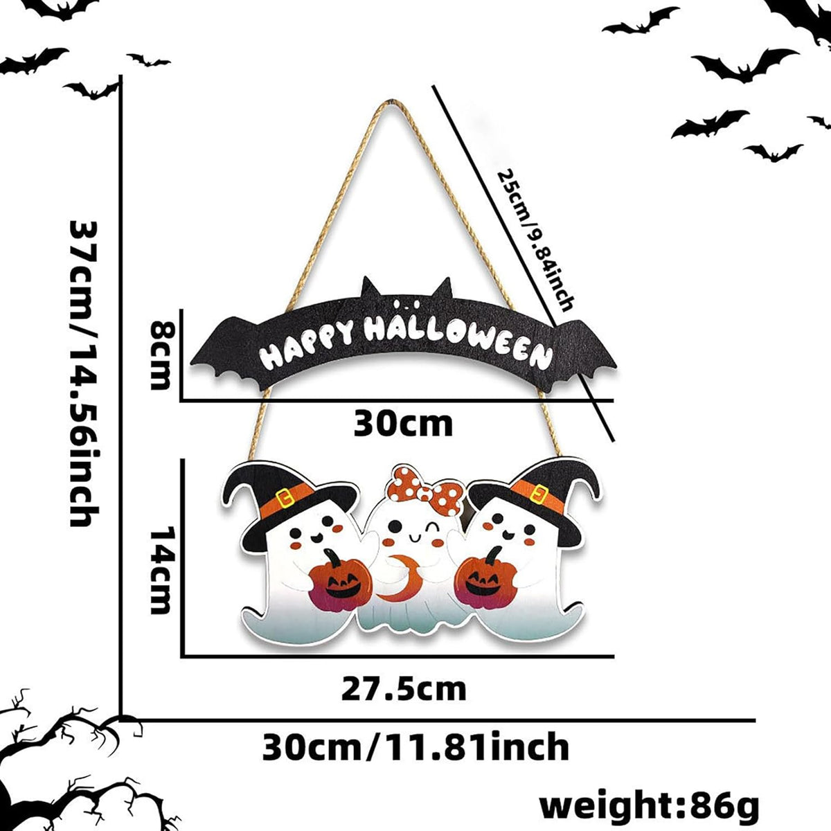 Happy Halloween Wooden Decoration Hanging Plaque Outdoor Wall 2 Pieces Cute Art Sign Wreaths with Ghost Bat Pattern for Home Wall Decor Halloween Party Outdoor Indoor