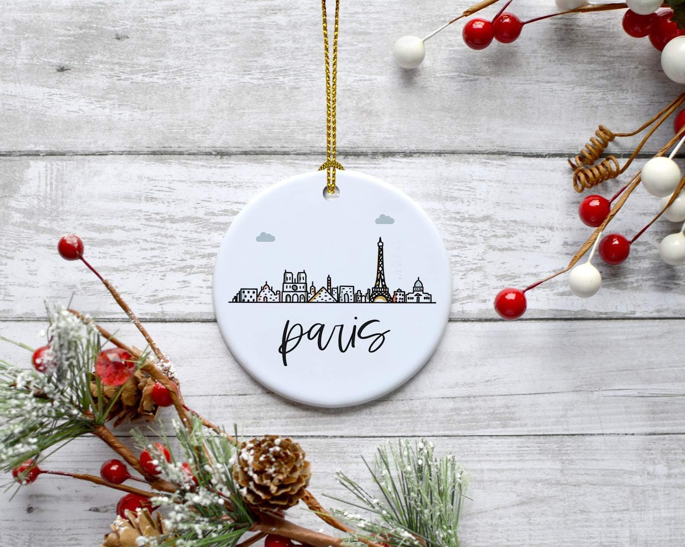Andaz Press Round Ceramic Porcelain Christmas Tree Ornament Keepsake Gift, Paris, Colorful International City Skyline Graphic, 1-Pack, Birthday Ideas Family Coworker Him Her, Gift Box
