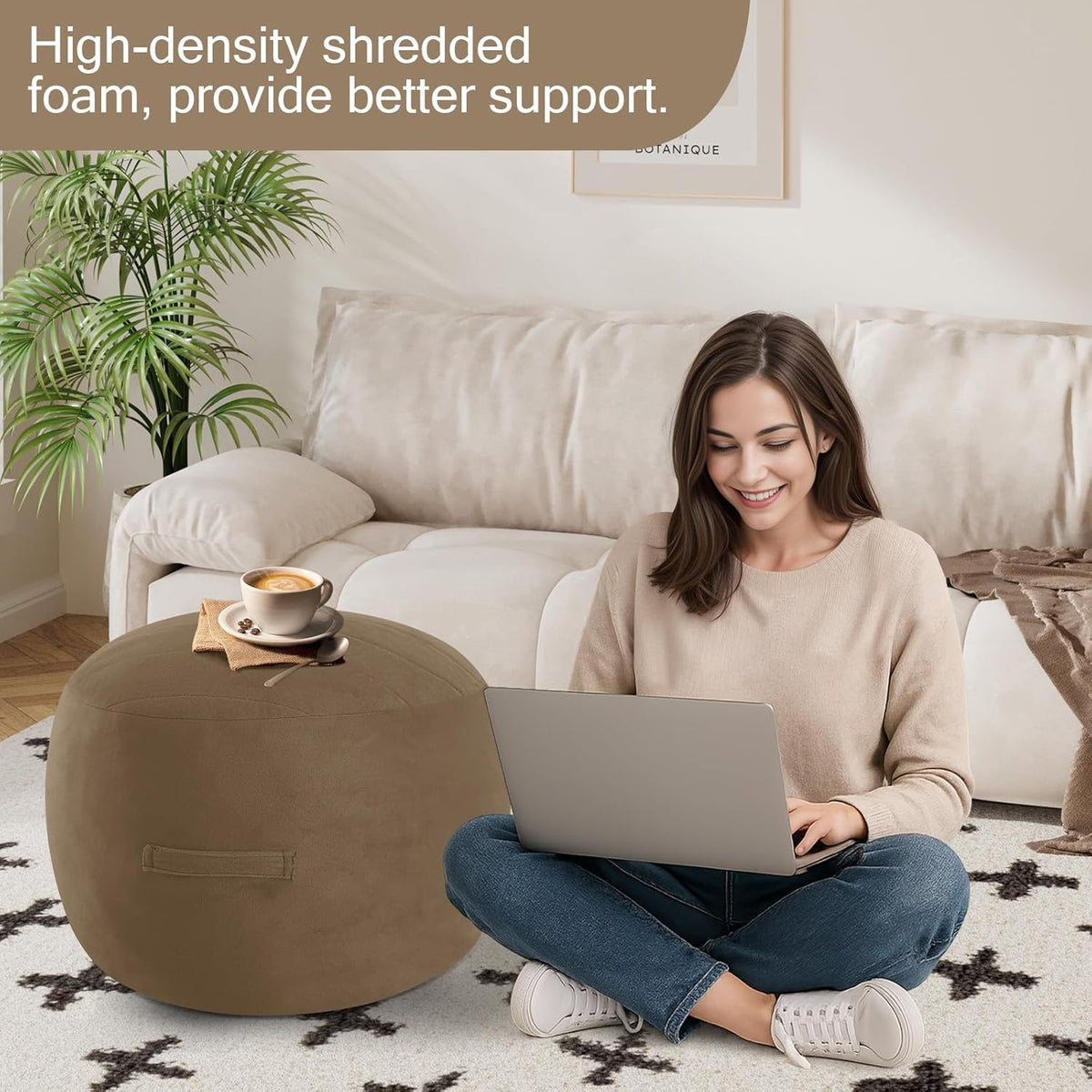 MeMoreCool Round Stuffed Pouf Ottoman Foot Rest, Floor Pouf Foot Stool with Soft Foam Chunk Filling, Small Round Ottoman Footstool Circle Footrest for Living Room, Light Coffee
