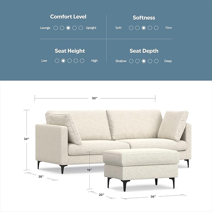 SIMPLIHOME Ava Sofa and Ottoman in 100% Recycled Polyester Performance Fabric, Cream, 90-inch-wide 3-Seater Couch and Matching 36-inch-wide Table Ottoman for Living Room, 2-Piece Set