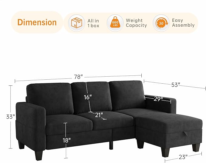 Sectional Sofa and Couches for Living Room, 78'' Black 3 Seat L-Shaped Couch with Movable Ottoman, Comfy Velvet Convertible Sectionals Sofas with Chaise for Apartment, Office, Small Space