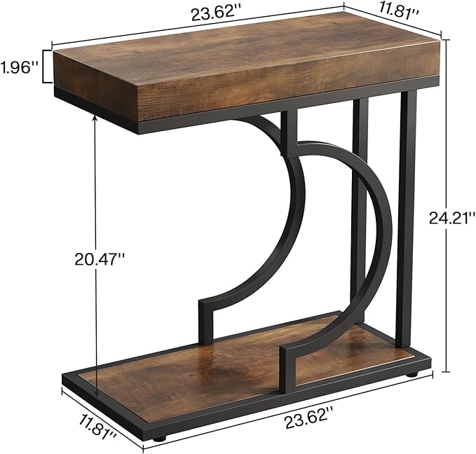Tribesigns Narrow Side Table Brown Black C Shaped End Table Modern Bedside Tables for Couch, Small Sofa Tables with Metal Frame for Living Room (1, Brown+Black)