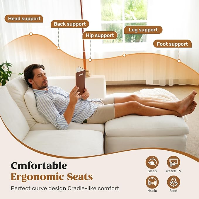 115" Cloud Boneless Sectional Couch, Deep Seat L Shaped Modular Couch with Ottoman, Oversized Upholstered Convertible 4 Seater Modular Sofa for Living Room,Beige Chenille