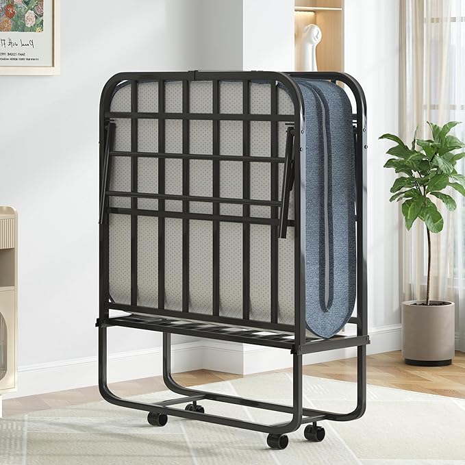 Mjkone Folding Bed with Mattress, 5 Inch Rollaway Bed for Adults, Fold Up Beds with Lockable Wheels, Sturdy Metal Fold Away Frame for Bedroom/Guest, Space Saving（75" x 31"）