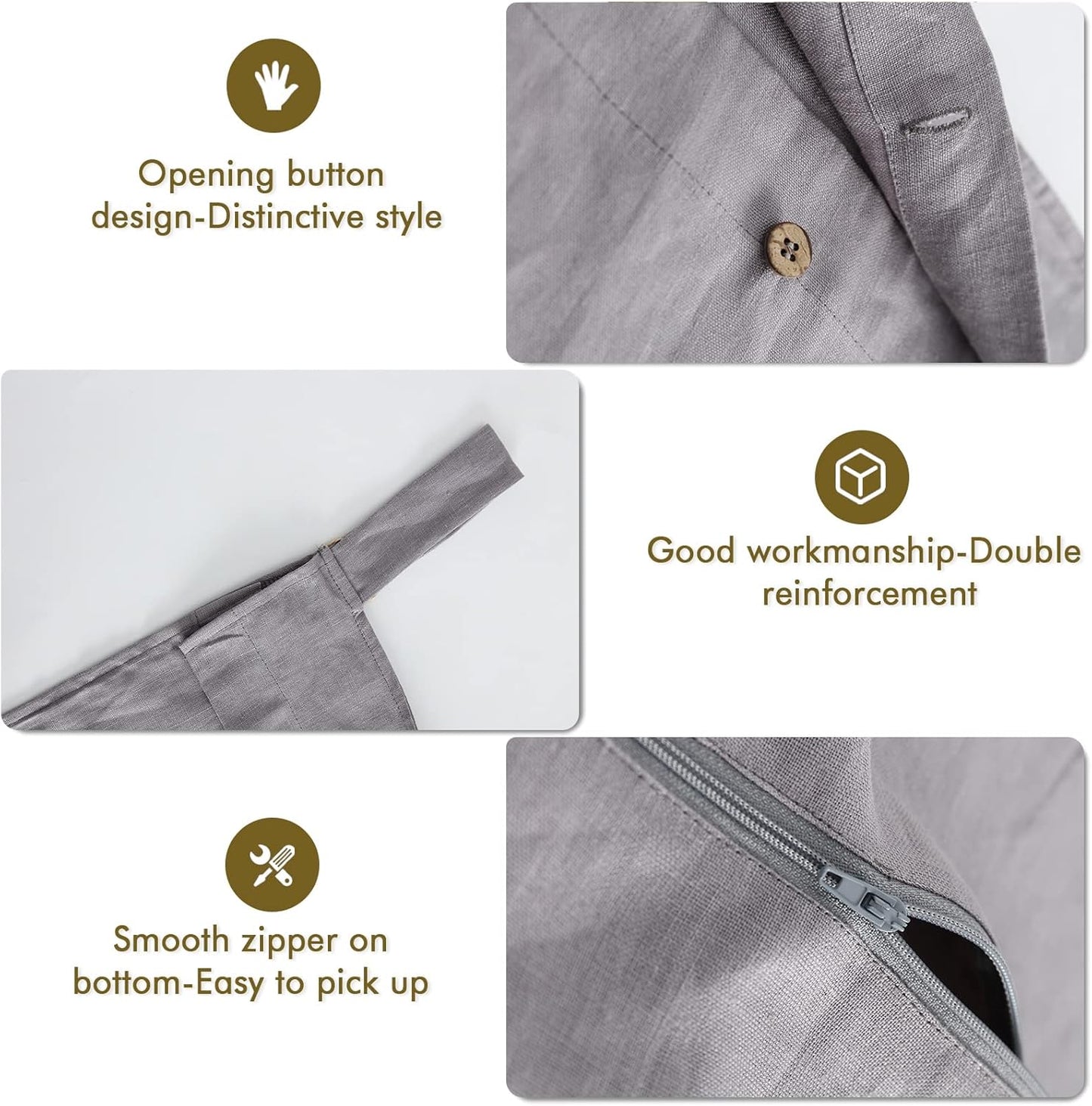 Linen Hanging Laundry Bag, 100% Linen Over The Door Laundry Hamper with Buttons and Zipper, Space Saving Door Hampers for Laundry Dirty Clothes Home Travel, Grey