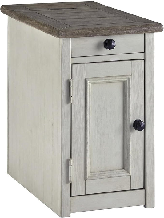 Signature Design by Ashley Bolanburg Farmhouse Chair Side End Table, 2 USB Ports, Pull-out Tray, Wood, 14" W x 24.25" D x 23" H, Antique Cream & Brown