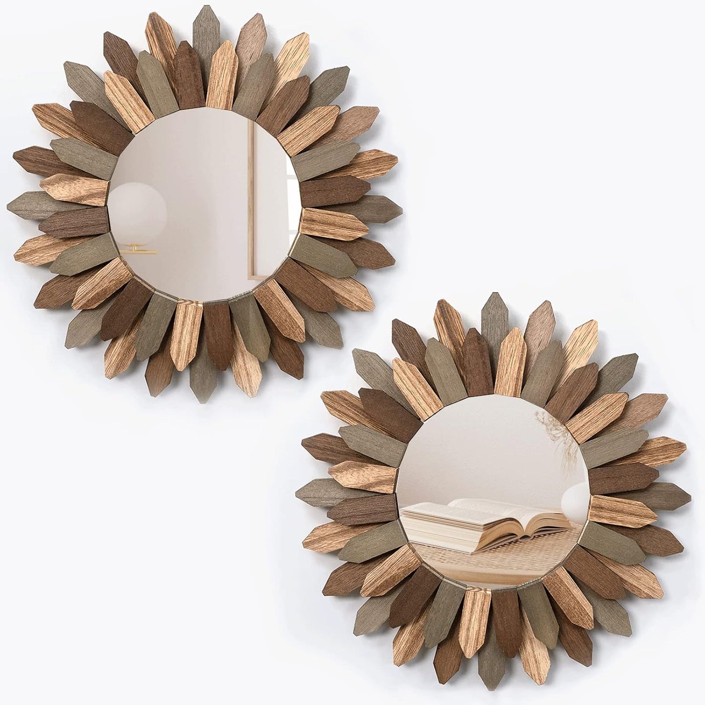 Honiway Boho Wall Decor Mirror 2 Pack 12 inch Rustic Wood Decorative Mirror for Room Decor Rustic Farmhouse Wall Decor for Bedroom Bathroom Living Room Entryway Tril Color