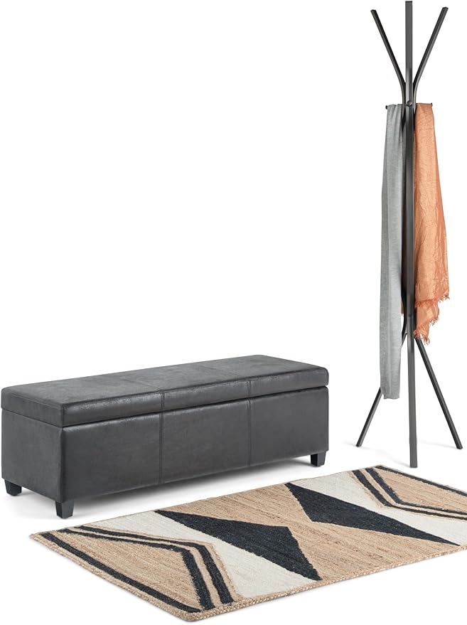 SIMPLIHOME Avalon Storage Ottoman Bench - 48 inch Wide Upholstered Vegan Leather Rectangular Lift-Top Ottoman in Distressed Black, Contemporary Storage Bench for Living Room with High-Density Foam