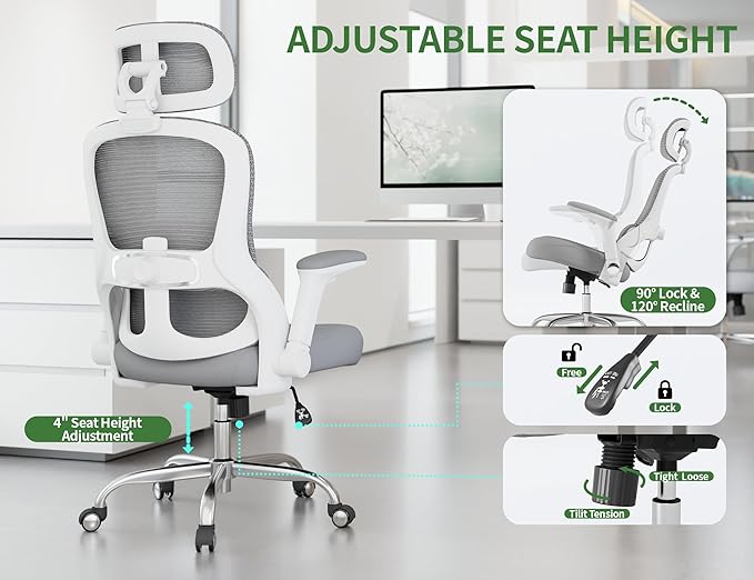 Ergonomic Office Chair - Computer Desk Chairs Comfy, Mesh High-Back Gaming Chair with Adjustable Lumbar Support, Executive Task Chair for Adults, Comfortable for Long Hours (White Grey)