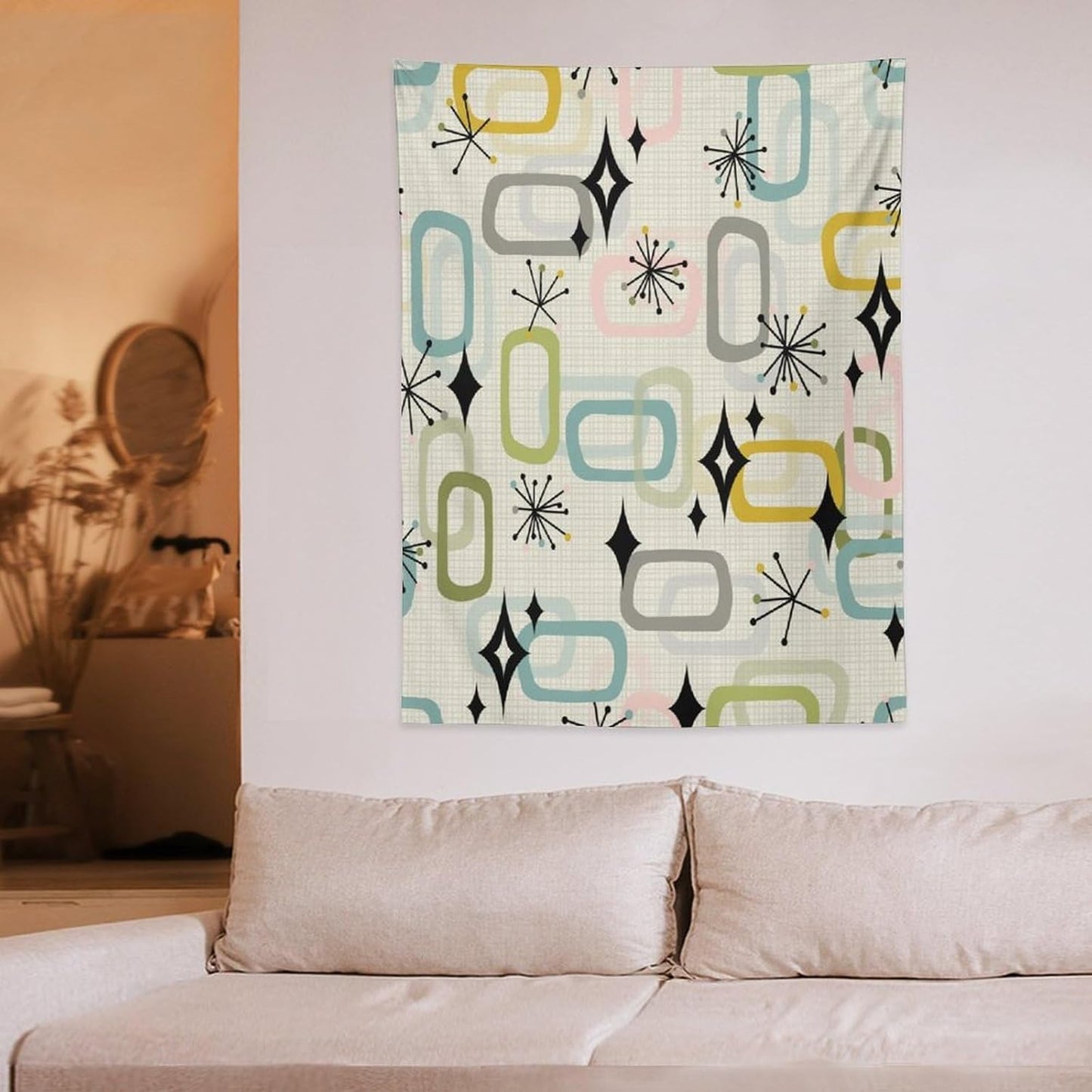ICMOLYYENLO Boho Medieval Cat Tapestry, Abstract Atomic Starburst Geometric Aesthetic Art Wall Hanging For Bedroom Living Room Dormitory 50x60 Inches