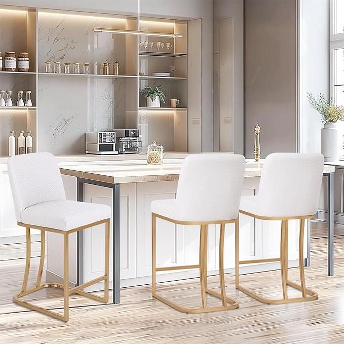 Sophia & William White and Gold Bar Stools Set of 3, Counter Height 24" Bar Stools for Kitchen Island