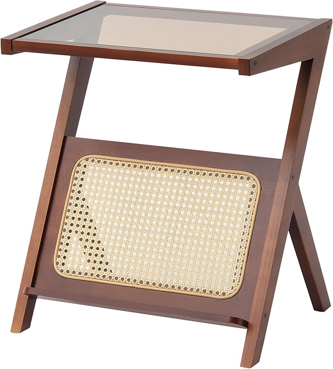 VEVOR End Table, Z-Shaped Rattan Woven Bamboo Coffee Table with Tempered Glass Top, 20” Modern Boho Storage Coffee Table with Natural Bamboo Legs, for Living Room, Bedroom & Small Spaces