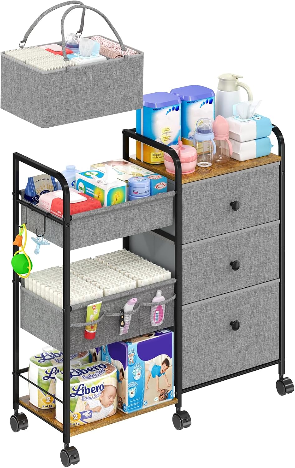 2In1 Baby Diaper Caddy Organizer and Storage, 3 Tier Rolling Cart with Dividers and Drawers, Mobile Utility Cart Baby Dresser Clothes Organizer for Changing Table, Crib Nursery, Bedroom, Grey