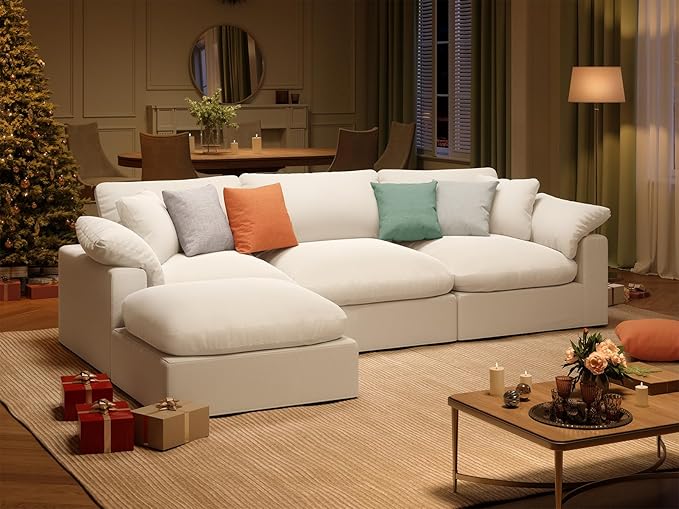 Oversize Cloud Modular Sectional Sofa,110.8" L Shape 3 Seaters with Chaise Down Filled Comfort Sofa Detachable Couch Cushion Covers for Living Room,White