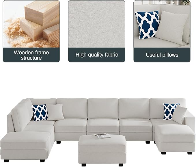 Legend Vansen Modular Sectional Sofa U Shaped Couch with Ottoman Modern Reversible Corner Sectional Couch for Living Room (Cream, U Shaped Sofa-4)