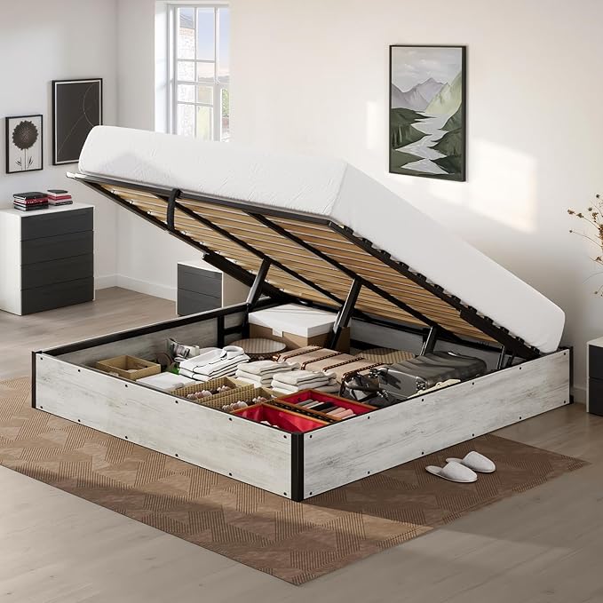 Lift Up Storage Bed Frame, Full Size Wooden Platform Bed with Large Storage Underneath, No Box Spring Needed, Noise Free, Distressed White