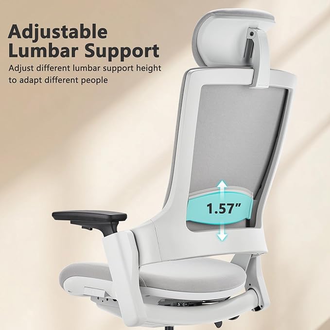 CLATINA Ergonomic High Swivel Executive Chair with Adjustable Height Head 3D Arm Rest Lumbar Support and Upholstered Back for Home Office Studio, Gray Fabric, 2 Pack