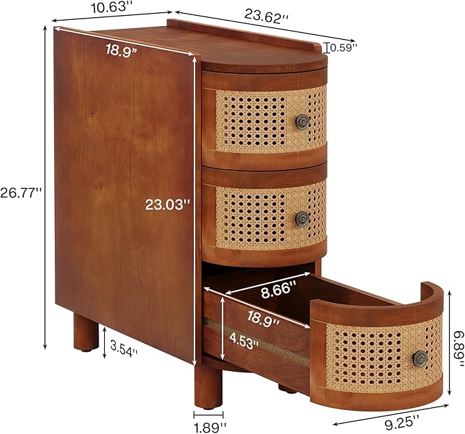 Tribesigns Solid Wood End Table, 3-Drawer Rattan Side Table, Night Stand with 3 Rattan Drawers and Exquisite Embossed Handles for Living Room, No Assembly Required (Walnut & Oak, 1PC)