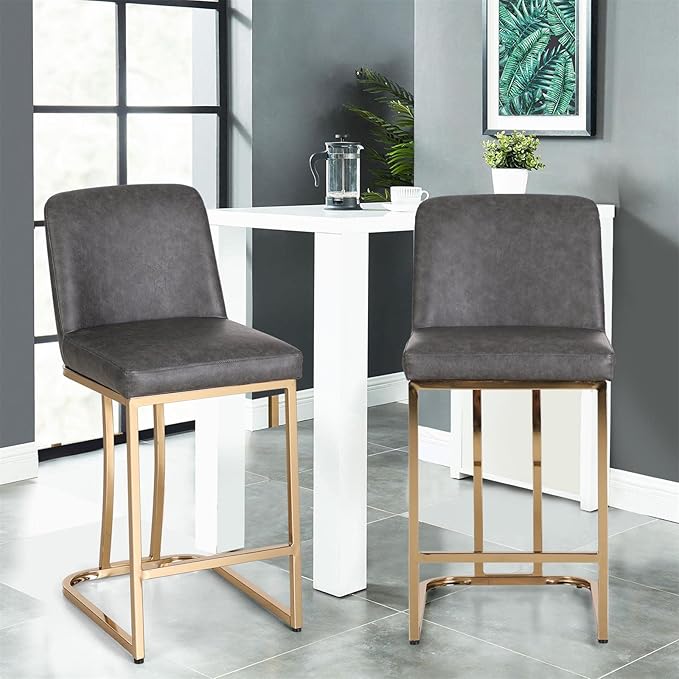 Sophia & William Counter Height Bar Stools Set of 2, 24" Bar Stools with Back for Kitchen Counter, Modern PU Leather Kitchen Counter Stools,Grey Gold