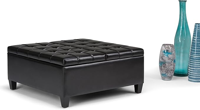 SIMPLIHOME Harrison 36 inch Wide Transitional Square Coffee Table Storage Ottoman in Midnight Black Vegan Faux Leather, Assembled, For the Living Room and Bedroom