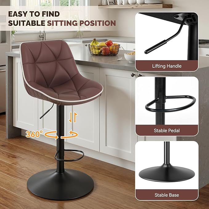 Nalupatio Bar Stools Set of 4, Adjustable Swivel Counter Height Bar Stools with Back, Armless Modern Barstools for Kitchen Island & Home Bar, Upholstered Seat,（Brown）