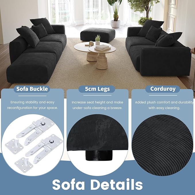 Oversized Modular Sectional Sofa with Ottomans,5 Seater Corduroy L Shaped Reversible Corner Couch,181.1" Convertible Sofa & Couch Free Combination for Living Rooom,Black