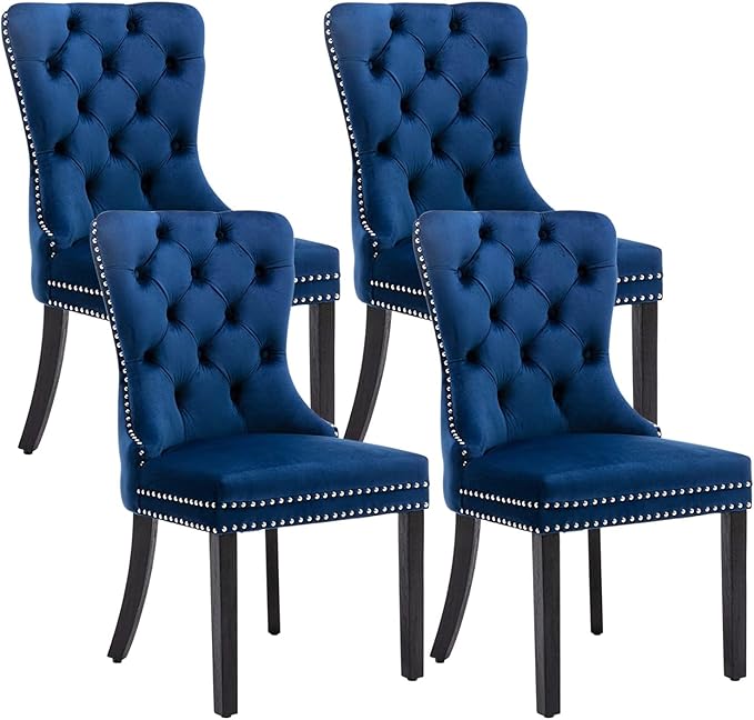 Velvet Dining Chairs Set of 4, Upholstered Dining Room Chairs with Nailhead Ring Pull Trim, Button Tufted Wing Back Chairs for Dining with Solid Wood Legs for Kitchen Dining Room(Blue)