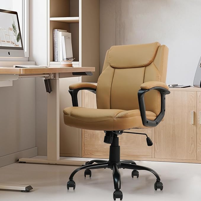 CLATINA Brown Office Computer Chair PU Leather Executive Office Chair Swivel Adjustable Height Chairs with Upholstery Fixed armrest Mid-Back Leather Thick Cushion Office Chairs Brown 2Pack