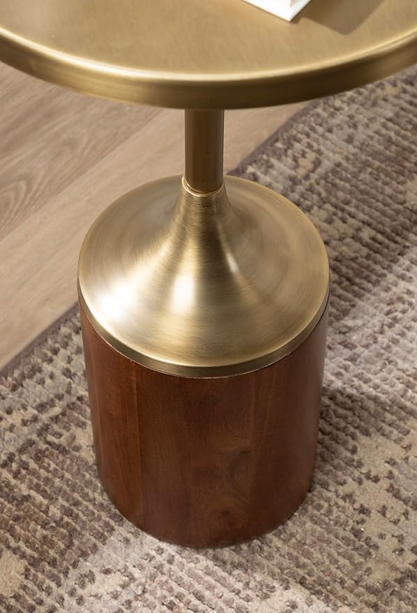 Kate and Laurel Whelan Modern Metal Round Side Table, 14 x 14 x 24, Antique Brass and Walnut Brown, Transitional Sculptural Indoor Plant Stand for Living Room End Table or Bedroom Nightstand