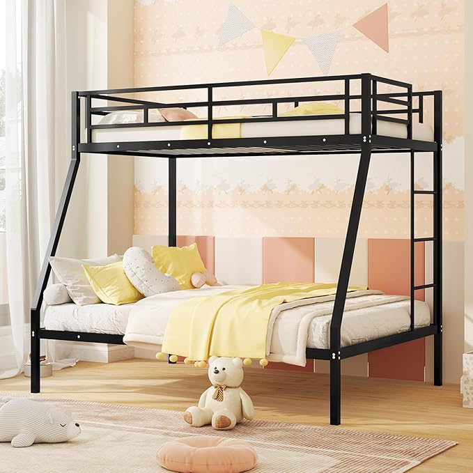 Giantex Metal Bunk Beds Twin Over Full Size, Heavy Duty Loft Bunk Bed with Ladder & Guardrail, Space Saving Bunk Bed for Dorm Apartment, Teens & Adults, Noise-Free, No Box Spring Needed, Black
