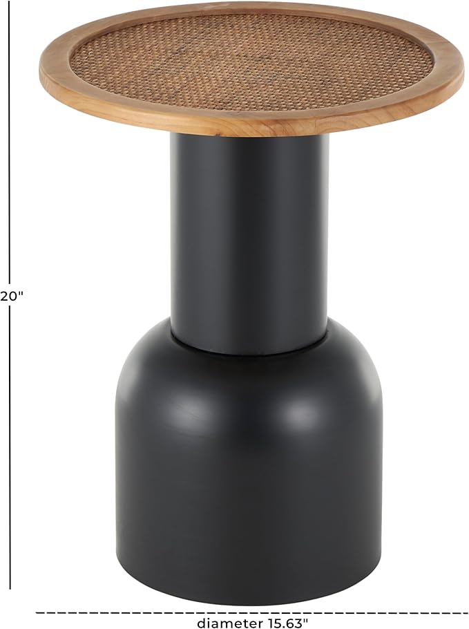 Deco 79 Metal Handmade Side End Accent Table Pedestal End Table with Brown Rattan Tabletop, Side Table 16" x 16" x 20", Black