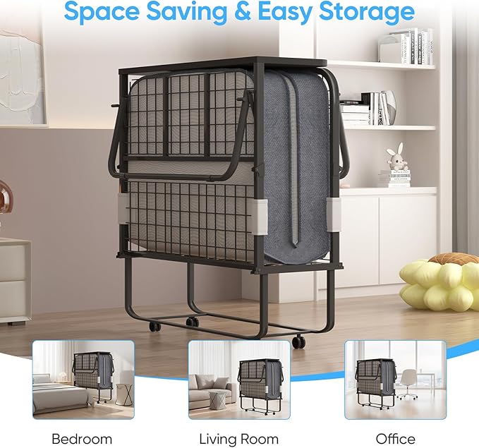 Mjkone Folding Bed with Mattress, Rollaway Bed for Adults with Headborad & Dustproof Bag, 5 Inch Portable Fold Up Bed for Guests with Casters, Foldable Frame, Space Saving for Bedroom（75" x 38"）