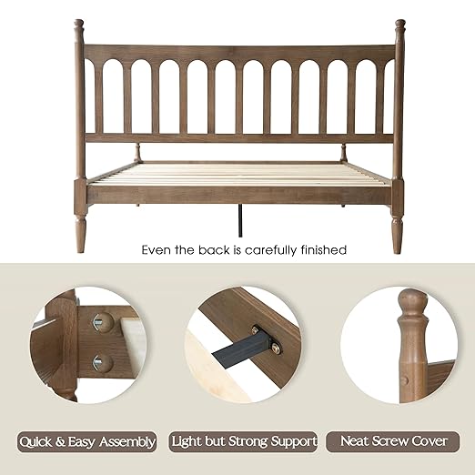Queen Size Bed Frame with Headboard & Footboard, Solid Wood Platform Design, Center Metal Legs with 12 Durable Slatted Base, No Box Spring Needed, Anti-Slip & Noise-Free, Barnwood Finish, WCQ-30
