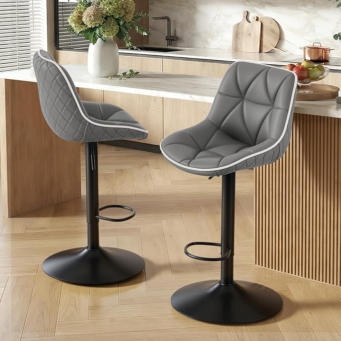 Nalupatio Bar Stools Set of 2, Adjustable Swivel Counter Height Bar Stools with Back, Armless Modern Barstools for Kitchen Island & Home Bar, Upholstered Seat,（Grey）