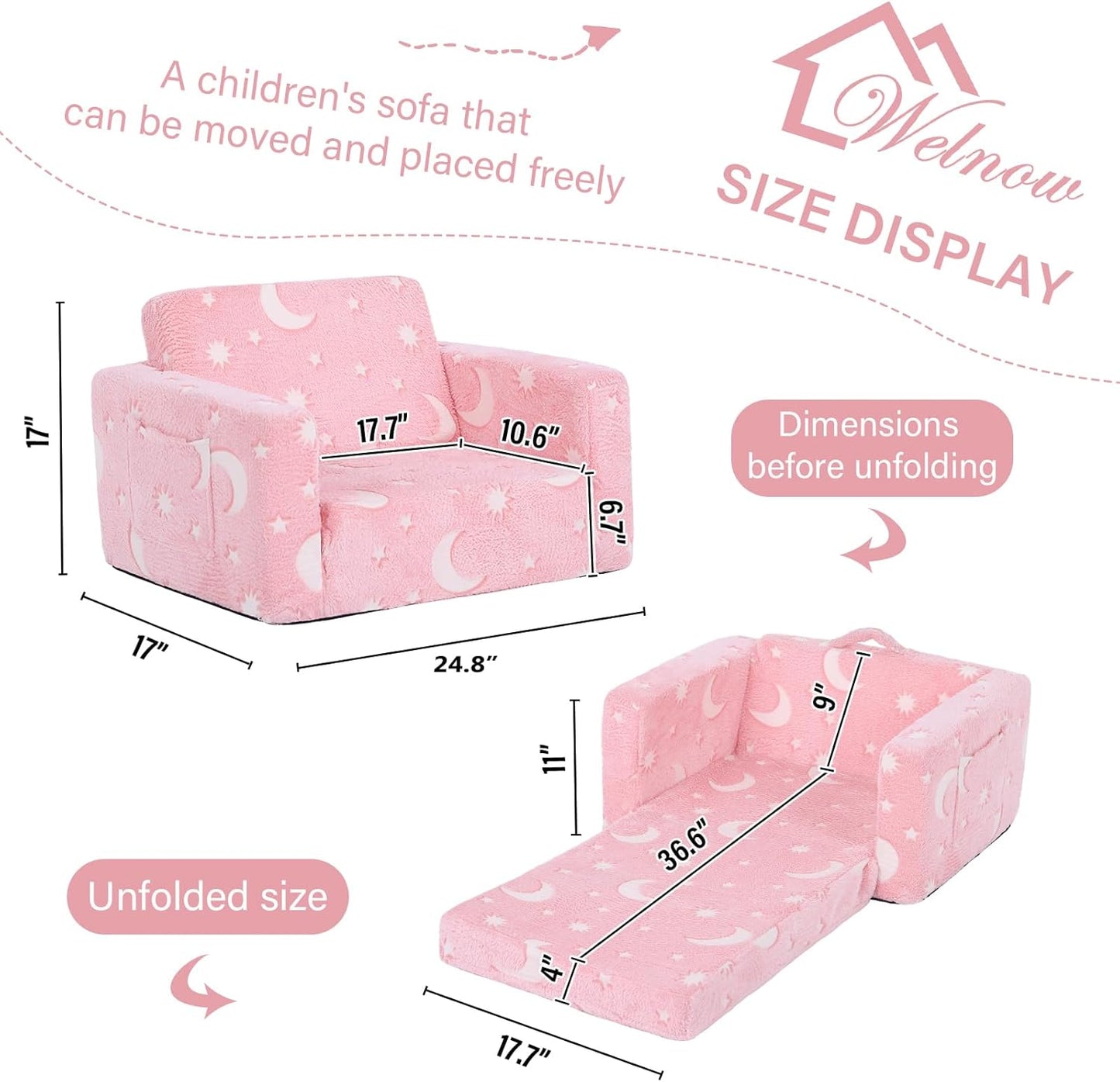 Welnow 2-in-1 Kids Sofa Chair, Glow in The Dark Convertible Toddler Chair Flip Out Children Sofa Chair Folding Kids Play Sofa with Side Pockets & Removable Cover Armrest Chair for Girl or Boy