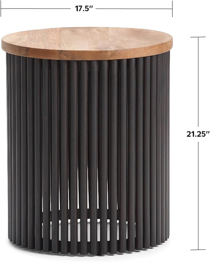 SIMPLIHOME Demy Metal and Wood Accent Table - 18 inch Wide Solid Metal Round End Table in Natural and Black, Industrial Side Table or Coffee Table for Living Room with Compact Design, Assembled