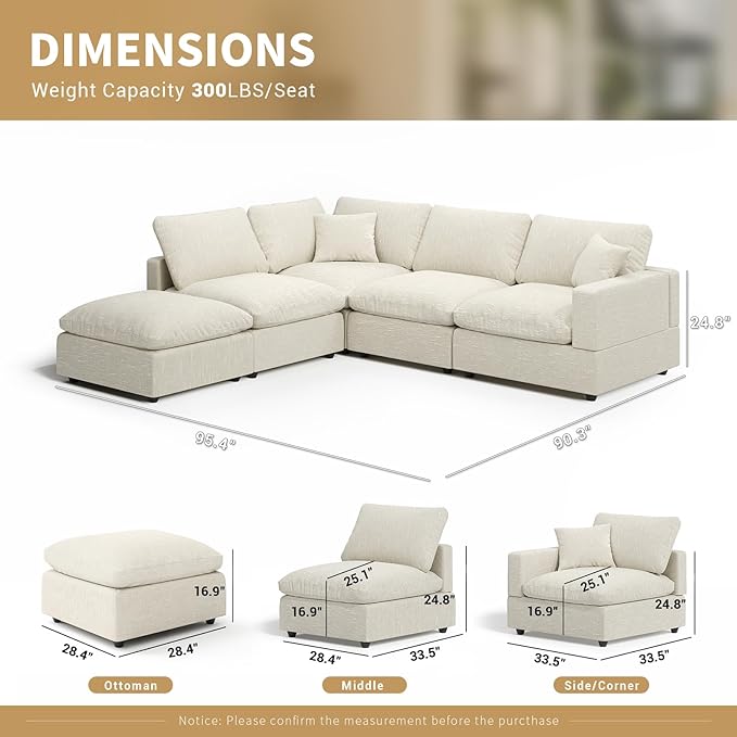 Modern Sectional Linen Couch for Living Room V-Shape Sofas,5 Seat Modular Cloud Sofas,Couches Cushion Covers Removable,Cozy Feather Down Sofa for Apartment Beige