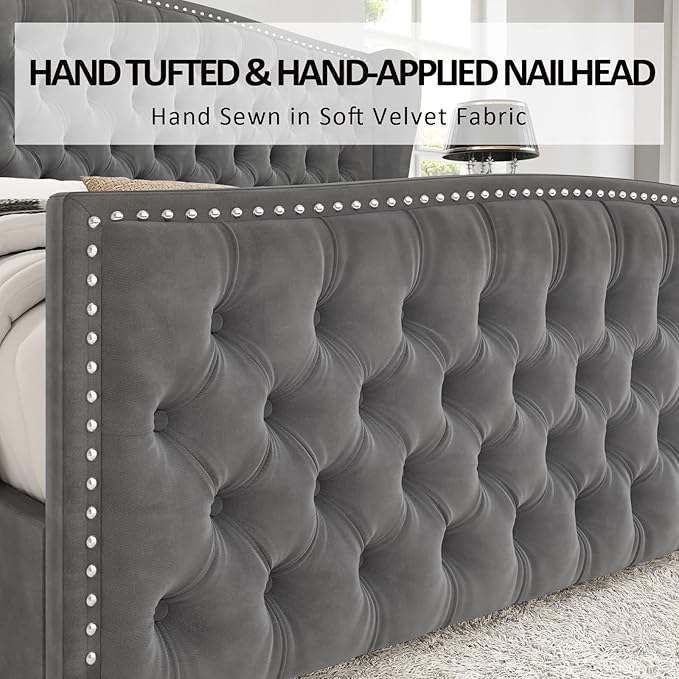 AMERLIFE California King Size Platform Bed Frame, Velvet Upholstered Bed with Deep Button Tufted & Nailhead Trim Wingback Headboard/No Box Spring Needed, Grey