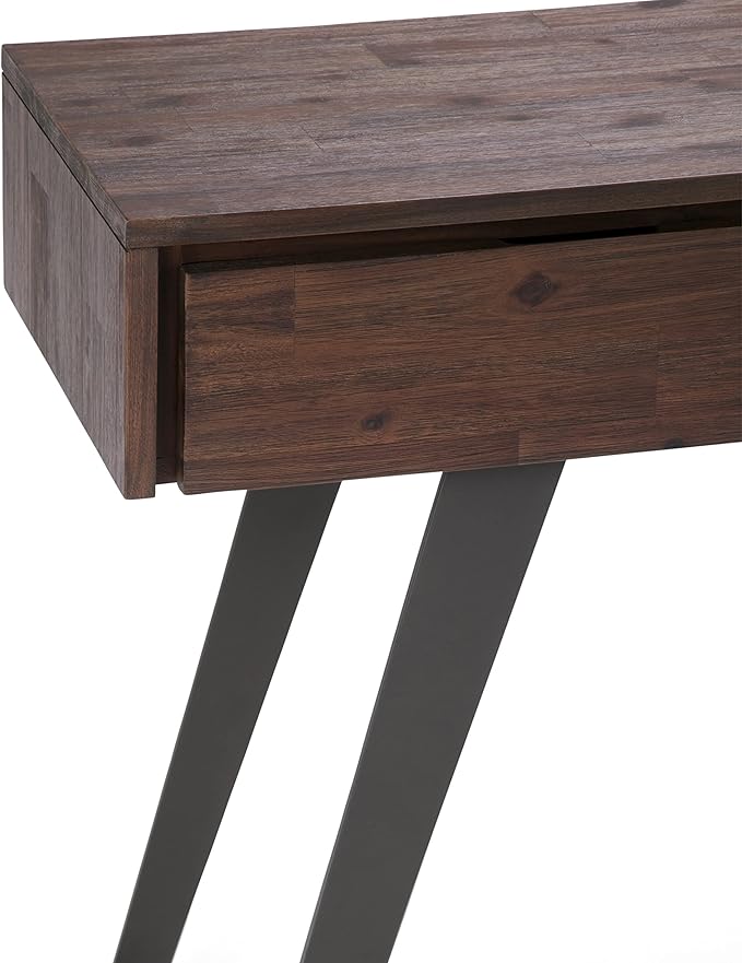 SIMPLIHOME Lowry Console Table - 60 Inch Wide Solid Acacia Wood Sofa Table in Distressed Charcoal Brown, Modern Industrial Storage Table for Living Room with 3 Drawers and Angled Metal Legs