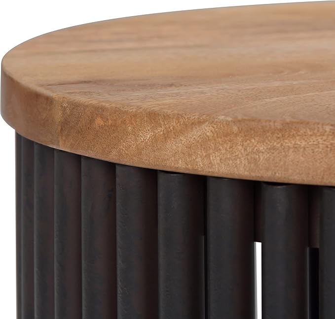 SIMPLIHOME Demy Metal and Wood Accent Table - 18 inch Wide Solid Metal Round End Table in Natural and Black, Industrial Side Table or Coffee Table for Living Room with Compact Design, Assembled