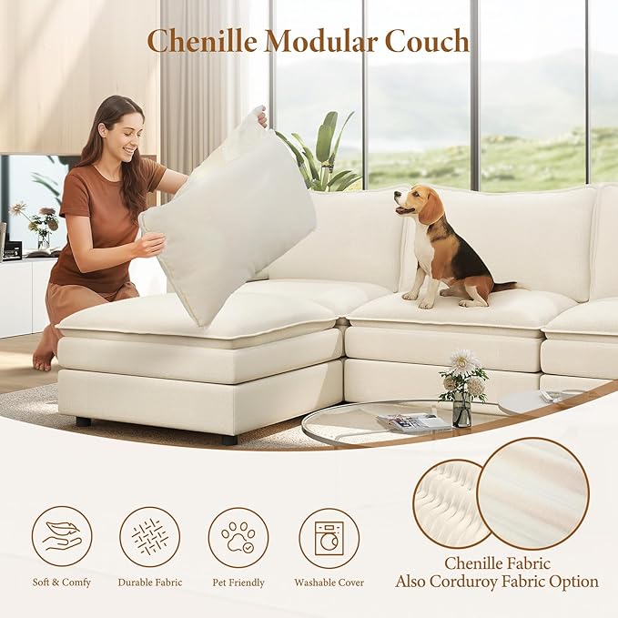 Vesgantti 108" U Shaped Sectional Couch, Comfy Cloud Modular Sectional Sofa with 2 Ottoman Deep Seat Chenille Modern Cloud Sofa, Modular Sofas for Living Room, Bedroom and Apartment, Creamy Beige